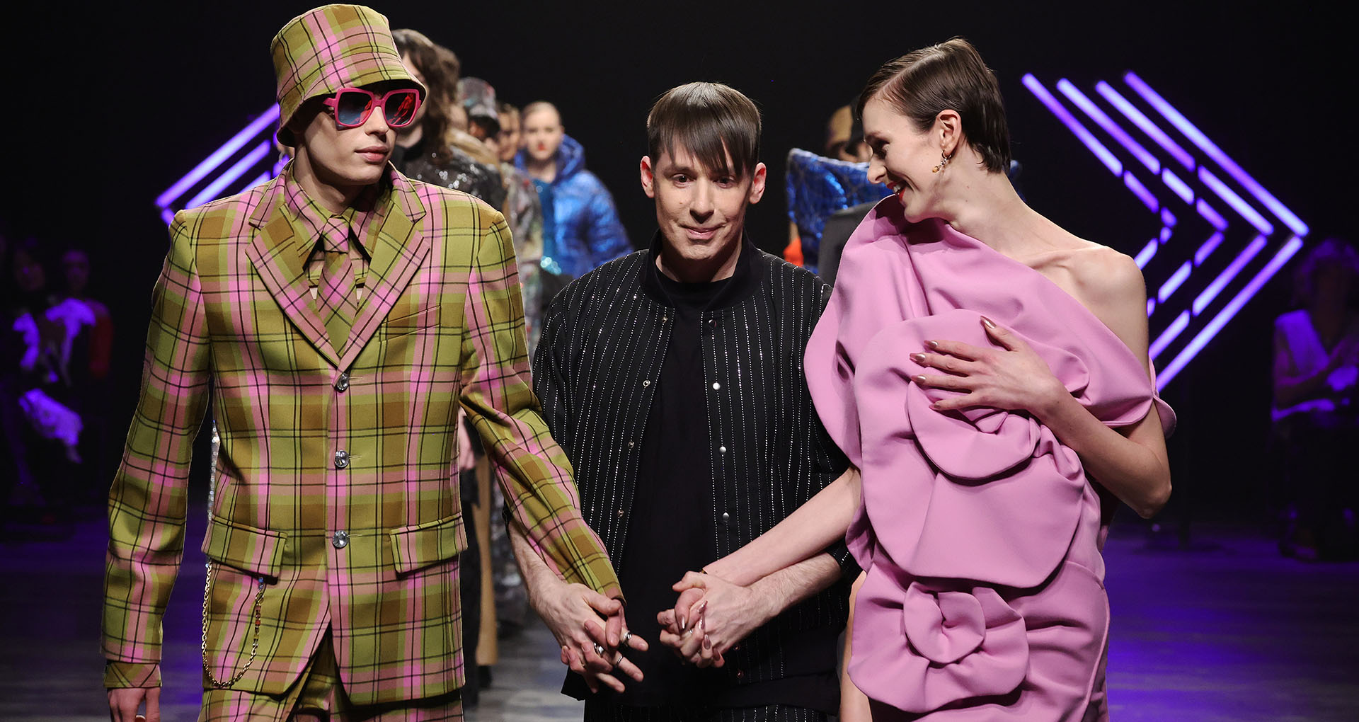Designer Kilian Kerner comes out to greet the audience on the runway after the Kilian Kerner Runway Show as part of the W.E4. Fashion Day during Berlin Fashion Week AW24 at Verti Music Hall on February 07, 2024 in Berlin, Germany. (Photo by Andreas Rentz/Getty Images for Kilian Kerner)